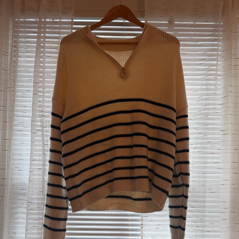 SHEIN Cream and Black Striped V-Neck Sweater